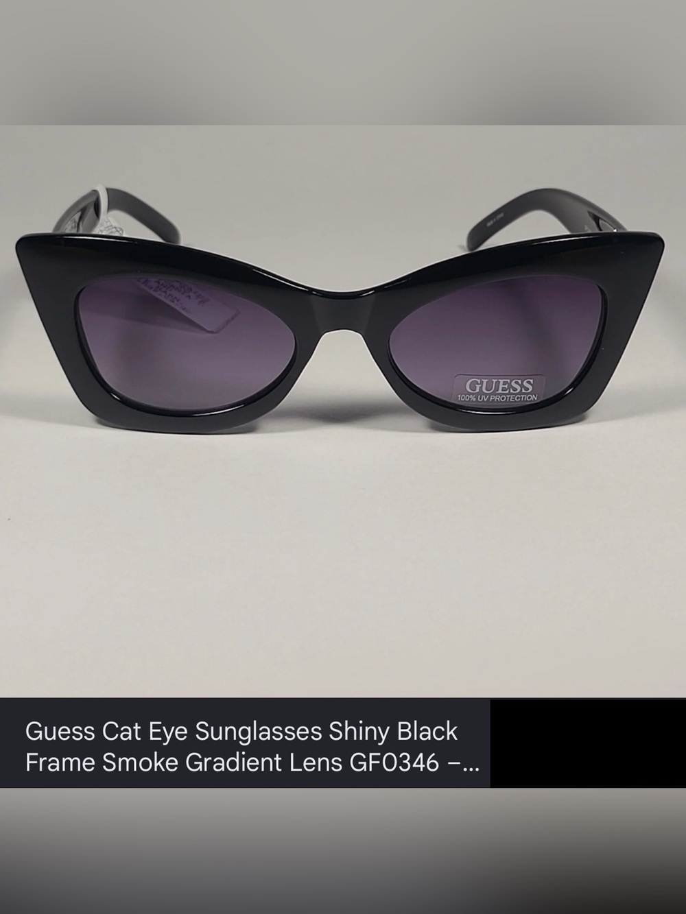 Guess Cat Eye Sunglasses Shiny Black Frame Smoke Gradient Lens GF0346 01B NWT